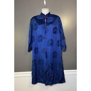 Vintage Queen Kaftan Dress Womens Medium Blue Floral Satin Button Long 70s